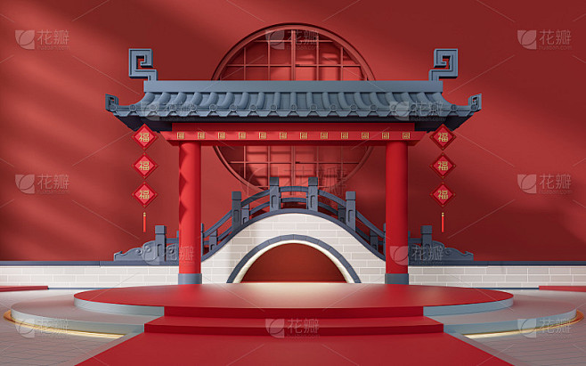 空舞台，中式背景，翻译:祈福，3d渲染。