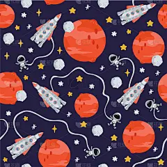 太空儿童的无缝图案与行星，火箭卡通风格。可爱的纹理为孩子的房间设计，壁纸，纺织品，包装纸，服装。矢量