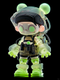 a cool baby girl both of its hands , looking at viewer，full body,holographic translucent top, bored pose, green and red color,full body, black background centered, cargo pants, blind box, pop mart design, Edge light, front view, fluorescence, bright light