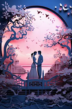 鹊桥相会古风剪纸风牛郎织女七夕人物插画