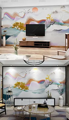 花纹图案-新中式手绘线条抽象水墨山水麋鹿壁画花纹图案家居数码图案