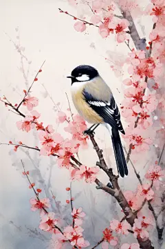 AI数字艺术中国风梅花喜鹊水墨画插画-众图网