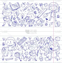 的孩子。学校和幼儿园。创造力和教育。音乐。探索。科学。的想象力。玩和学习。烹饪。唱歌。阅读。不同的爱