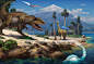 The landscape of the Cretaceous period., Nikolai Litvinenko : Illustration for a Norwegian, school textbook.
