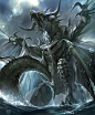 artist_request claws clouds cloudy_sky cygames dragon dragon_horns dragon_tail dragon_wings horns knee_up multiple_wings no_humans ocean official_art open_mouth orange_eyes rahab scales shadowverse shingeki_no_bahamut sky spines tail teeth water wings