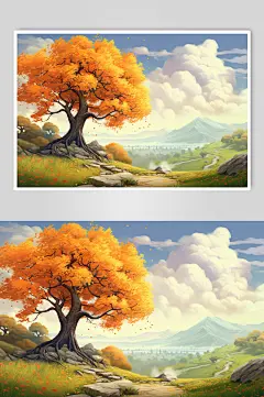 AI数字艺术手绘枫树秋天秋季唯美风景插画