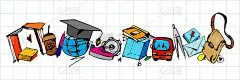 回学校!在笔记本纸的背景上手工绘制的彩色图画。创意海报或横幅。