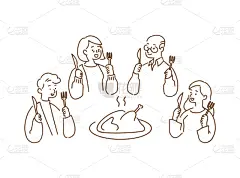 家庭,晚餐,矢量,绘画插图,概念,幸福,举起手,烤火鸡,绘制