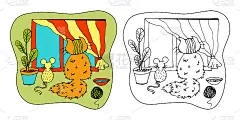 儿童涂色书页。可爱的猫和老鼠正坐着看着窗外。矢量手绘zentangl插图与宠物。涂鸦漫画风格。