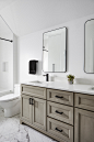 Inspiration for a small transitional kids' white tile and porcelain tile ceramic tile, white floor and double-sink bathroom remodel in Toronto with shaker cabinets, gray cabinets, a one-piece toilet, white walls, an undermount sink, quartz countertops, a 