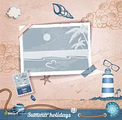 夏天怀旧复古海洋灯塔眼镜相片邮票手绘插画