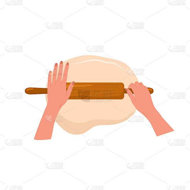 揉面。女人用擀面杖擀自制面团。前视图。烹饪学校。呆在家里，根据食谱做健康的食物。矢量插图在平面卡通风