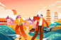 卡通冬季冬天福州古建筑城市家人亲子朋友旅游中国风国潮矢量插画图片素材