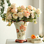 手绘陶瓷花瓶+仿真花3束玫瑰