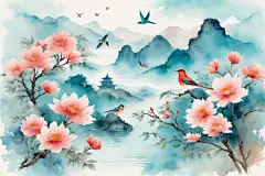 手绘山水中国风水墨画山水画插画