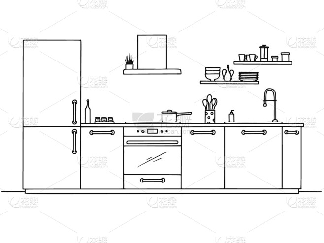 草图,厨房,绘画插图,家具,矢量,手,高...