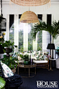 Palms, orchids and philodendrons flank the furniture in this corner. The cushions are made up in Hawaiian barkcloth for this living room in Singapore.