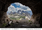 Panorama from man-made caves, Dolomites, Italy. In the peaks of Tre Cime di Lavaredo (Dolomites, Italy) there are a number of fortifications, man-made caves, and commemorative plaques (World War I). 正版图片在线交易平台 - 海洛创意（HelloRF） - 站酷旗下品牌 - Shutterstock中国独家合作