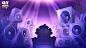 an animated image of a cartoon character surrounded by speakers and sound equipment in front of a purple background