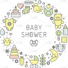 宝宝淋浴(女孩和男孩)可爱的轮廓矢量圆插图