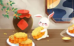 卡通手绘中秋玉兔插画品尝月饼的小兔子原创插画海报中秋节插画
