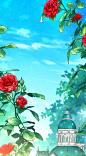 This may contain: an anime scene with red roses in the foreground and a blue sky behind it