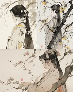 水墨淡彩丨古风动漫女midjourney关键词壁纸