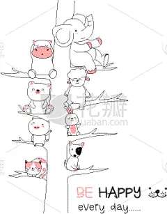 可爱的,动物手,卡通,贺卡,浪漫,狗,象,猪,树,绘制