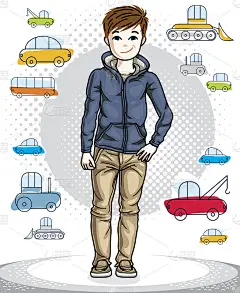 年轻的男孩可爱漂亮的站在时尚的休闲衣服。向量有吸引力的孩子插图。时尚生活主题卡通。