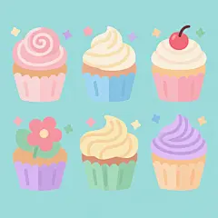 一组六个造型各异的卡通风格纸杯蛋糕插画，保持统一的圆润线条、简洁造型和柔和阴影，每个蛋糕具有不同的奶油裱花样式（如螺旋、玫瑰、波浪、花朵、褶皱、漩涡），顶部均有一颗樱桃，周围点缀不同颜色和大小的星星，背景为纯色且每个蛋糕背景色各不相同（分别为浅粉、浅蓝、浅黄、浅绿、浅紫、浅橙），整体采用规整的2x3网格布局，所有元素保持一致的可爱治愈氛围和扁平化设计风格。