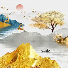 金箔山脉湖泊艺术挂画装饰画  - 源文件下载【酷图网】唯美艺术画,高清装饰画,金箔山脉,湖泊,山水艺术画,发财树,高清艺术画,中式装饰画,唯美,金色麋鹿,高清,装饰画