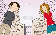 两个快乐的青少年，男孩和女孩看着镜头微笑着，他们身后的大城市-原创手绘插图