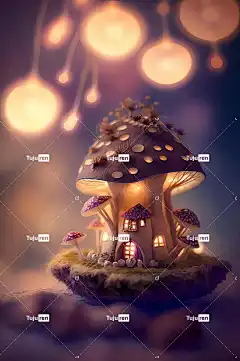 Ai产生的 蘑菇 房子 森林 晚灯 夜晚 花 月光 森林路径
