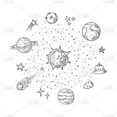 涂鸦太阳系。时髦的手绘空间，行星流星彗星的天文元素。矢量线艺术