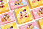 six boxes of honey flavored pastries are shown in this image, with the same flavors on each box
