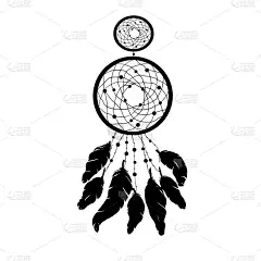 用羽毛和珠子装饰的捕梦网。手绘矢量插图。轮廓。