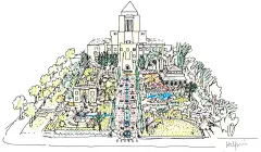 马奎尔花园（Maguire Gardens）

马奎尔花园其实是洛杉矶中央图书馆（Los Angeles Central Library）的前院，为了契合图书馆建筑的埃及复兴风格（Egyptian Revival），景观也采用了后现代式的做法，这也是为了跟邦克山大台阶的风格统一。正对着建筑大门的中轴上，哈普林也做了一系列的小水渠，一方面强调轴线，一方面又和旁边的邦克山台阶水渠前后呼应，形成统一。




▲ 马奎尔花园手绘鸟瞰 © tclf.org