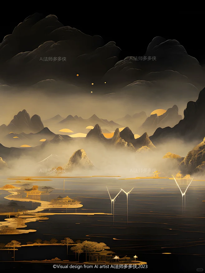 东方美学-鎏金山水|国风山水风景插画-花瓣网