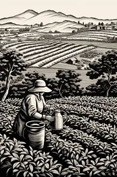 AI数字艺术复古铜版画茶园茶叶插画-众图网