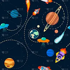 太阳系矢量小孩卡通星球无缝图案。火箭，不明飞行物，行星说明，伟大的壁纸，纺织品和纹理设计。儿童设计、
