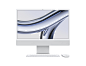 展示 iMac 的正面外观，配有白色显示屏边框、银色外壳和铝金属支架，显示屏下方放有同色系妙控鼠标和键盘。