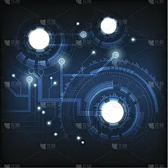 高科技蓝色背景。电路板设计蓝色技术背景与闪光抽象物体通信概念。