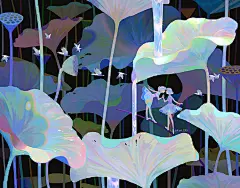 插画师kun333r的一组唯美梦幻插画，梦幻的镭射风格配色让每一幅画里的世界都极度梦幻且美好，超现实的一些画面内容让人非常好奇画里的世界。太美了！#插画分享##画里的故事# ​​​​