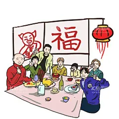 新年卡通画  - 源文件下载【酷图网】新年喜庆素材,古风素材,春节素材,恭贺新禧,节日素材,手绘卡通,人物手绘,人物插画,新年素材,手绘,新年元素,传统习俗,民俗,乡村民俗,传统民俗,贴福字,贴对联,新年送福,团圆饭贴春联,放鞭炮,穿新衣,卡通人物,恭喜发财,过新年,传统节气,小年,年夜饭,新年卡通人物,