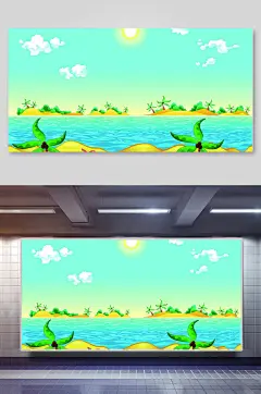 扁平化海边风光矢量插画