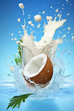 椰子椰汁牛奶液体飞溅摄影图