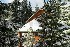 森林里晴朗的冬日。覆盖有雪的木屋或小木屋滑雪场和滑雪板滑雪场，冬季户外度假。圣诞贺卡，新年日历。雪后
