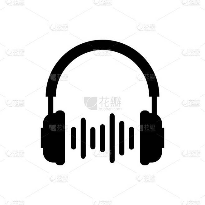 白色背景上的黑色耳机和声波图标。耳机标志。听音乐、服务、沟通和操作者的概念对象。矢量插图