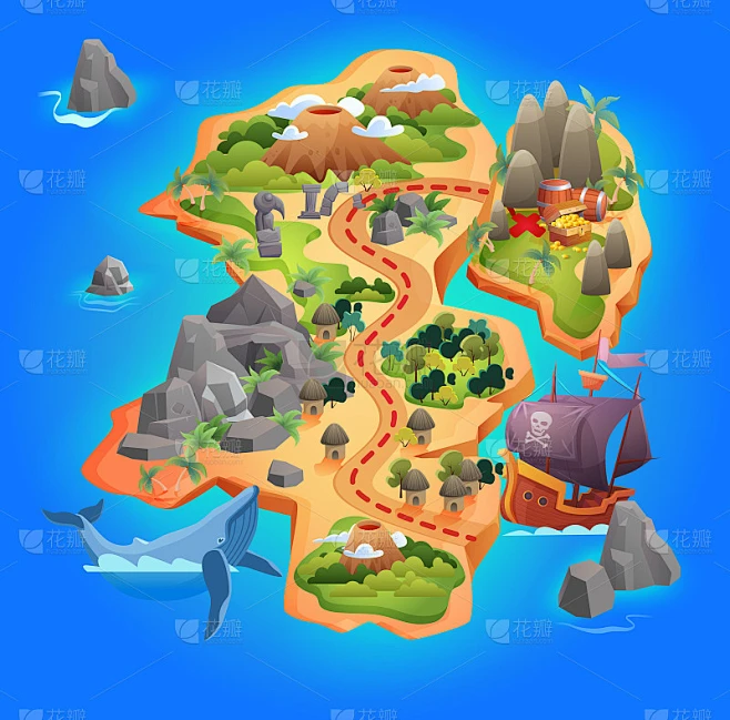 游戏中的宝藏地图，卡通的热带岛屿地图显示了海盗黄金宝藏的方向素材-花瓣网