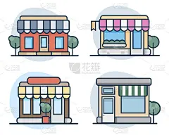 集向量扁线图标设计商店，商店和超市门面图标.